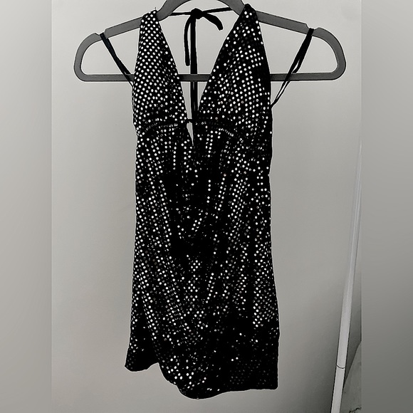 Y2K SEQUIN BLACK LONG HALTER TOP - SMALL - Picture 1 of 3